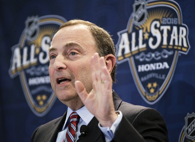 NHL commissioner Gary Bettman speaks at a news conference before the NHL All-Star hockey game skills competition Saturday, Jan. 30, 2016, in Nashville, Tenn. 