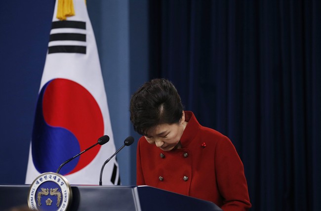 South Korean President Park Geun-hye bows after addressing to the nation at the Presidential Blue House in Seoul, South Korea, Wednesday, Jan. 13, 2016. Park on Wednesday urged North Korea's only major ally, China, to help punish Pyongyang's recent nuclear test with the strongest possible international sanctions.