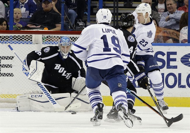 Tampa Bay Lightning goalie Andrei Vasilevskiy (88), of Russia, makes a save on a shot by Toronto Maple Leafs center Shawn Matthias (23) during the second period of an NHL hockey game, Wednesday, Jan. 27, 2016, in Tampa, Fla. 