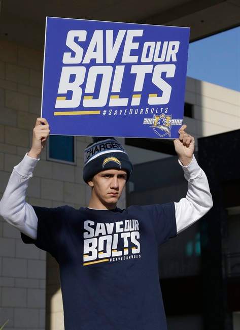 San Diego Chargers fan Richard Farley shows his feelings about keeping the NFL football team in San Diego outside the hotel where NFL owners are meeting Tuesday, Jan. 12, 2016, in Houston to discuss possible relocation to Los Angeles.