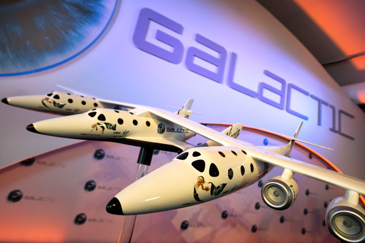A model of the Virgin Galactic, the world's first commercial spaceline, is displayed at the Farnborough International Airshow in Hampshire, southern England, on July 11, 2012.