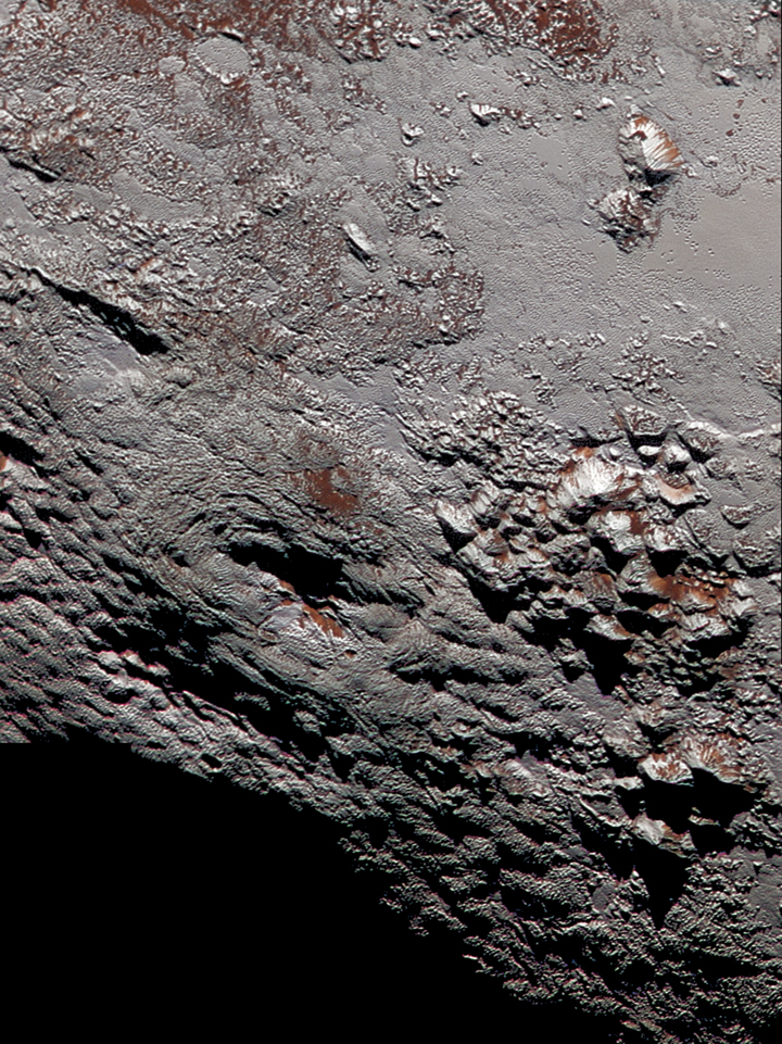 This composite image of a possible ice volcano on Pluto includes pictures taken by the New Horizons spacecraft’s Long Range Reconnaissance Imager (LORRI) on July 14, 2015, from a range of about 48,000 km, showing features as small as 450 m across.