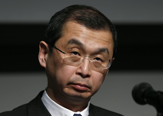 In this June 25, 2015 file photo, Japanese air bag maker Takata Corp. CEO Shigehisa Takada listens to a reporter's question during a news conference in Tokyo.