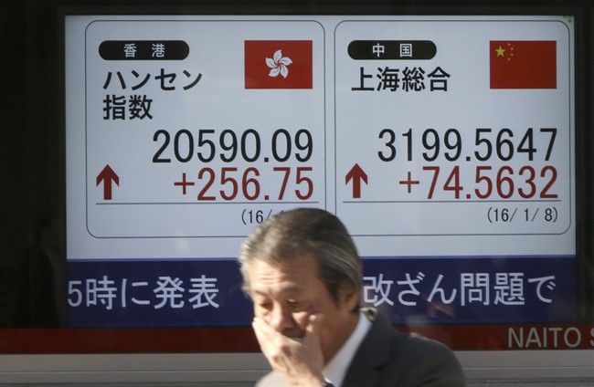 A man walks past an electronic stock board of a securities firm showing Chinese, right, and Hong Kong stock prices in Tokyo, Friday, Jan. 8, 2016. Chinese stocks were volatile Friday and other Asian markets rebounded after a plunge in Chinese prices rattled global markets. 