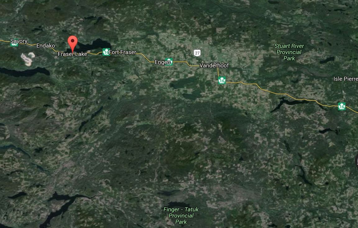 A Google Earth map showing Fraser Lake, B.C.