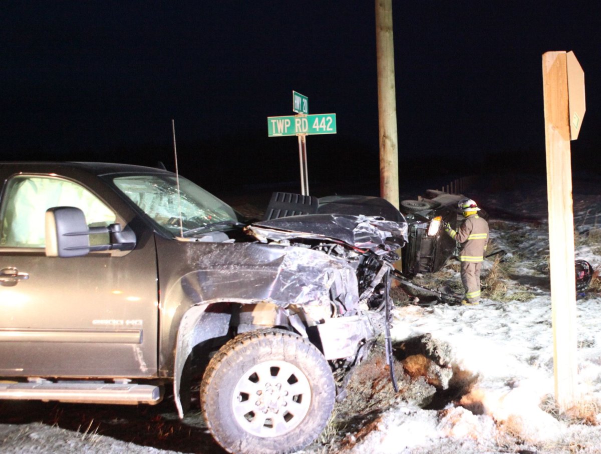 Two-vehicle crash near Rimbey, Alta. Sunday, Feb. 7, 2016.