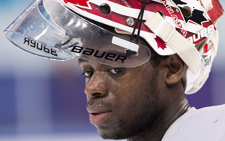 Team Canada goalie Malcolm Subban looks on at practice during the IIHF World Junior Championships hockey action in Ufa, Russia on Friday, Jan. 4, 2013. 