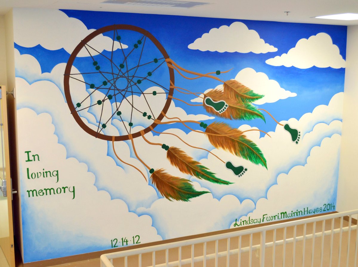In this 2014 photo, a mural Lindsay Fuori created to pay tribute to Sandy Hook Elementary School shooting victims adorns a wall inside Newtown High School, which she attended. 