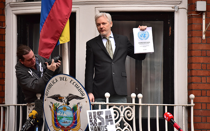 WikiLeaks founder Julian Assange speaking from the balcony of the Ecuadorian Embassy in London where he has been living for more than three years after the country granted him political asylum.