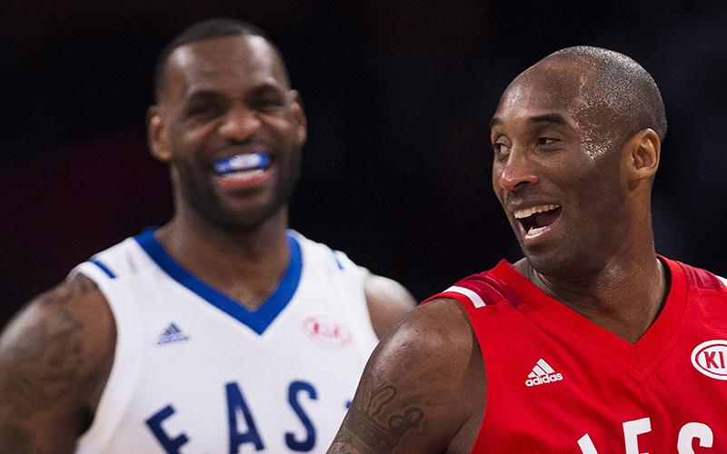 Western Conference's Kobe Bryant, of the Los Angeles Lakers, and Eastern Conference's LeBron James, of the Cleveland Cavaliers, laugh during second half NBA All-Star Game basketball action in Toronto on Sunday, February 14, 2016. 