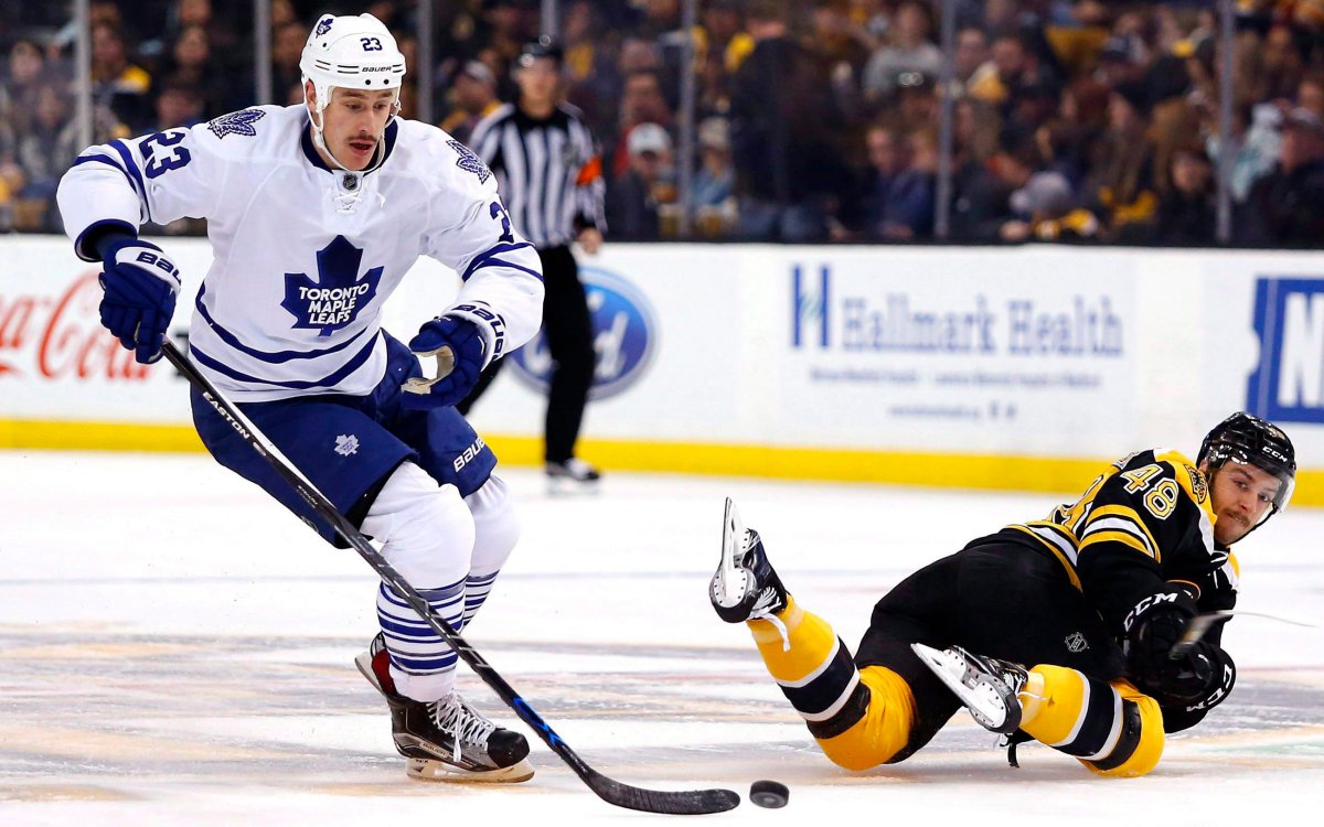 Toronto Maple Leafs' Shawn Matthias takes the puck away from Boston Bruins defenceman Colin Miller during the first period of an NHL hockey game in Boston, Saturday, Nov. 21, 2015. The Colorado Avalanche fortified their front line by picking up Matthias in a trade with Toronto on Sunday.