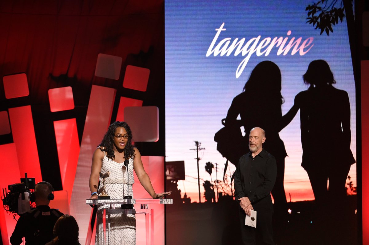 Mya Taylor accepts the award for best supporting female for Tangerine at the Film Independent Spirit Awards on Saturday, Feb. 27, 2016, in Santa Monica, Calif. 