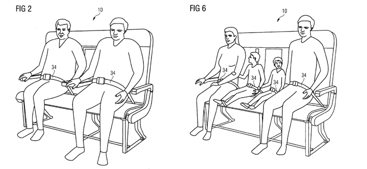 According to the patent application for the so-called "Re-Configurable Passenger Bench Seat," the bench would feature seat belts that could be configured to fit two "large" adults, three average sized adults, or even two adults with two children in the middle.