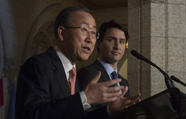 Prime Minister Justin Trudeau and United Nations Secretary General Ban Ki-moon take part in a joint news conference in the Foyer of the House of Commons on Parliament hill in Ottawa, Thursday February 11, 2016. 