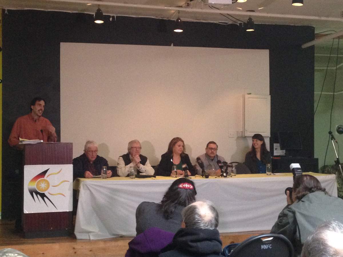 Local organizations and First Nation bands hold a press conference to voice their opposition to the Alton gas project on Feb. 18, 2016.
