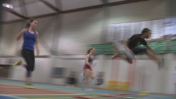 Saskatchewan Huskies athlete Astrid Nyame is a blur as she prepares to compete in the 2016 Canada West track and field championships.