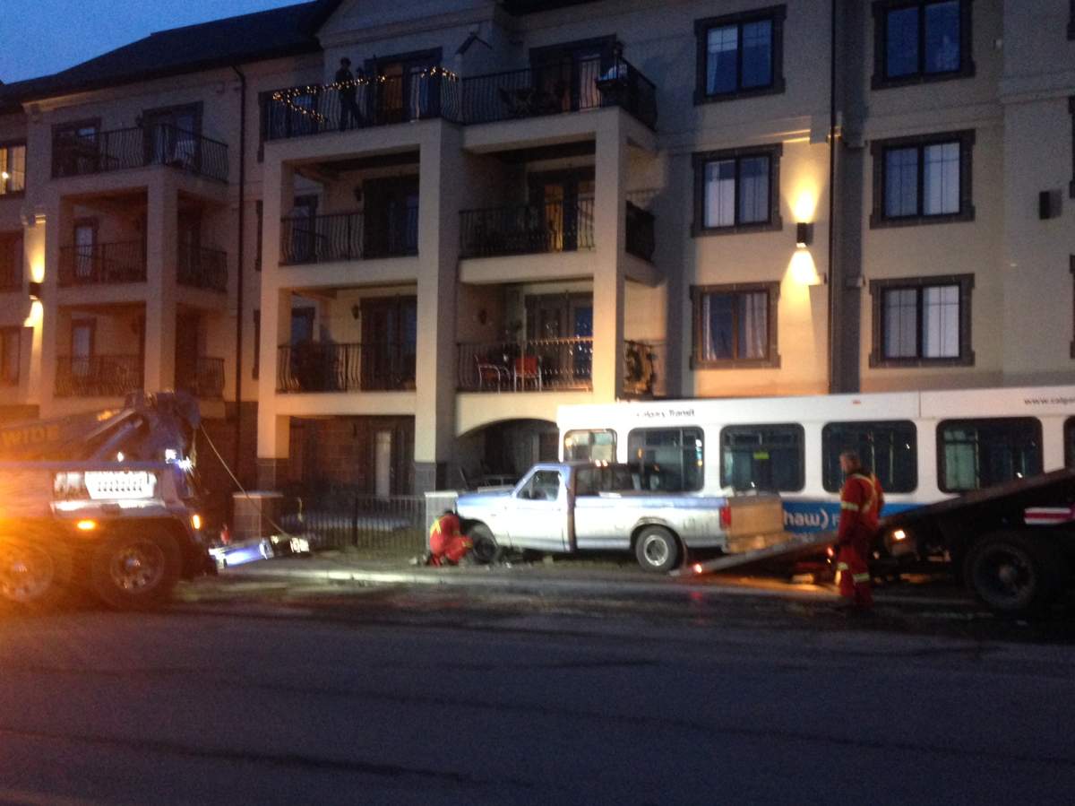 Police are investigating a collision between a truck and transit bus in the southeast community of McKenzie Towne February 18, 2016.