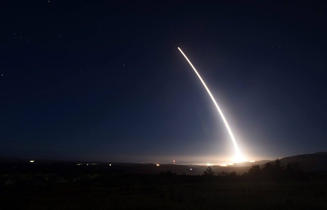 This file photo shows an unarmed intercontinental ballistic missile launch during an operational test at Vandenberg Air Force Base in California. More than 120 nations have approved a treaty to ban nuclear weapons at a U.N. meeting boycotted by all nuclear-armed nations.