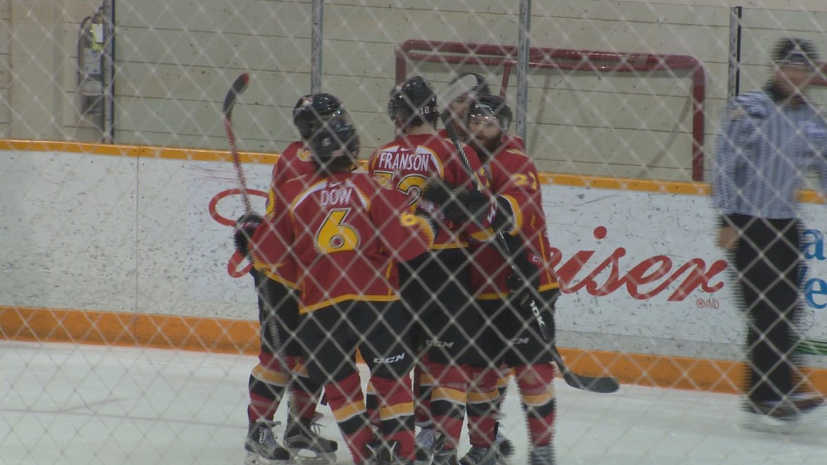 The Calgary Dinos celebrate after a first period goal in a Game 3 victory to eliminate the Manitoba Bisons on Sunday.