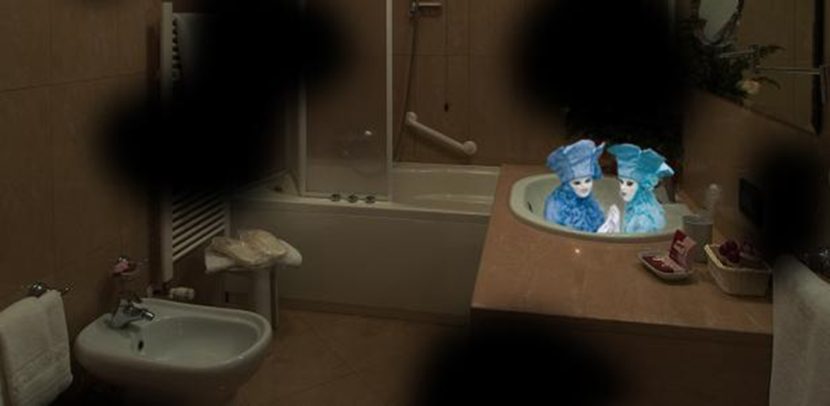 View below: This image is based on the following description by a patient with diabetic retinopathy. The patient said, “After lunch when I sit in the living room, I often see miniature people moving from the left to the right. They wear strange outfits like the Oompa-Loompas from the Willy Wonka Chocolate Factory film.”