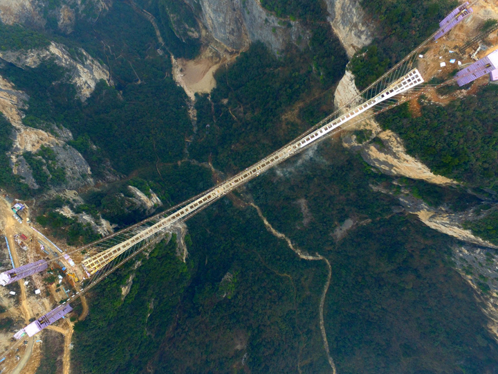An aerial view of a suspension bridge 300 metres above ground that will feature a glass bottom. 