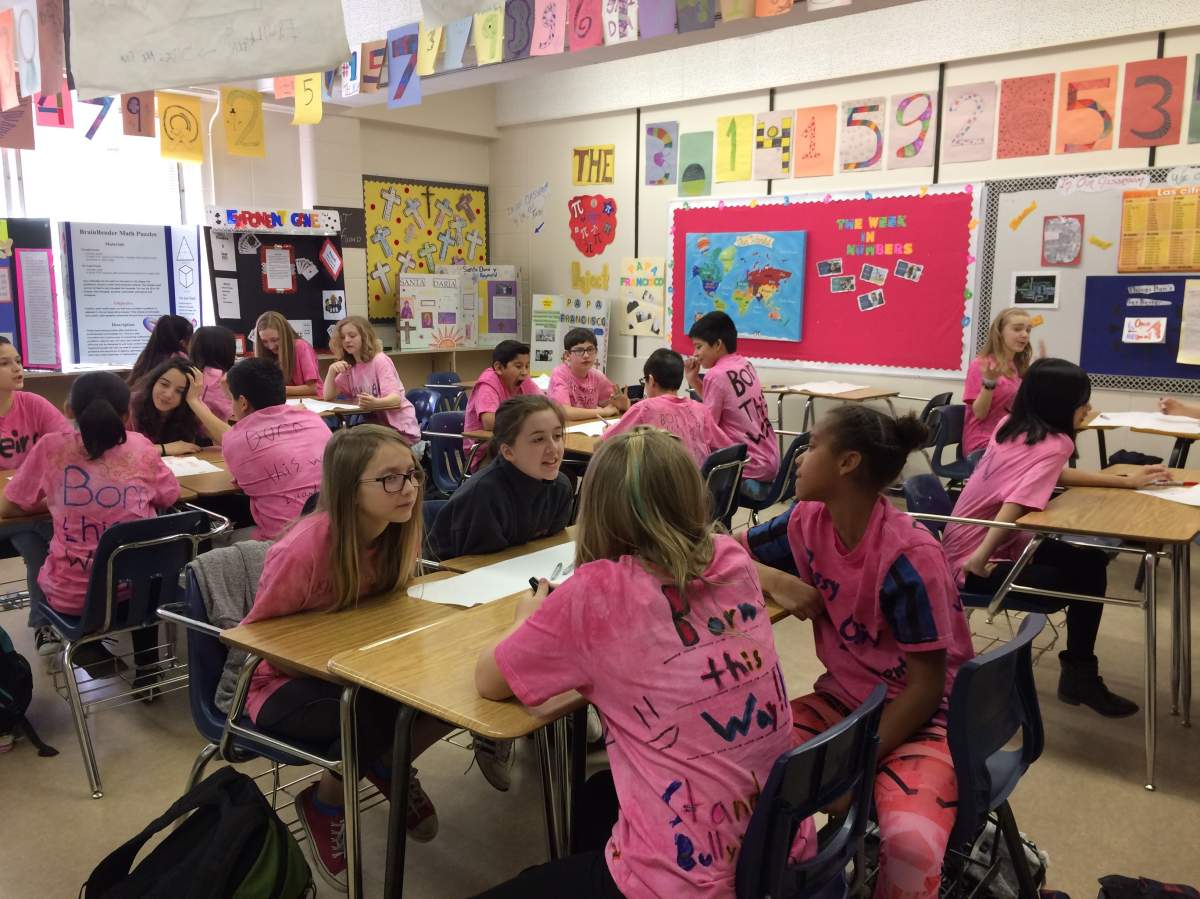 Grade 7 students spread anti-bullying message with pink shirts on Feb. 22