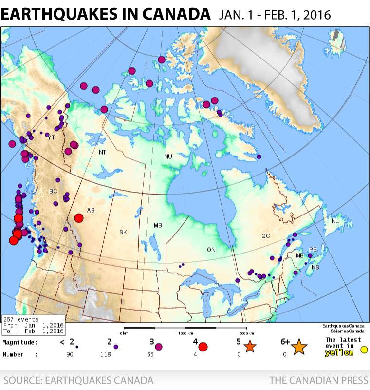 A map showing where the earthquakes hit and their magnitude.