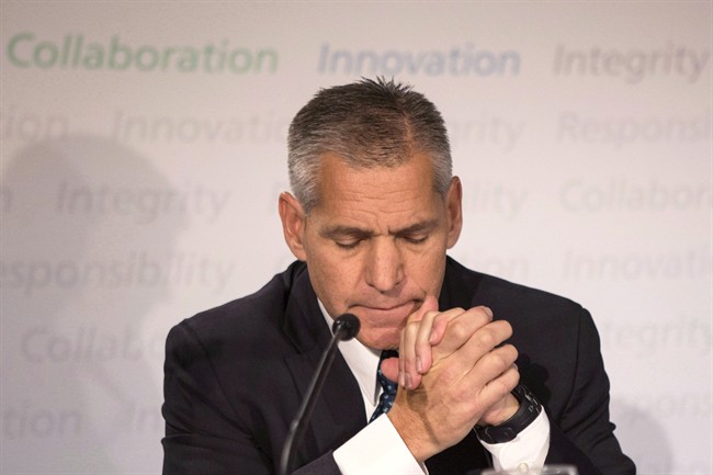 TransCanada's president and CEO Russ Girling attends a news conference in Toronto on Thursday, October 30, 2014. TransCanada Corp. said Thursday it lost $2.5 billion in the fourth quarter - mostly because of its stalled Keystone XL pipeline proposal.T.