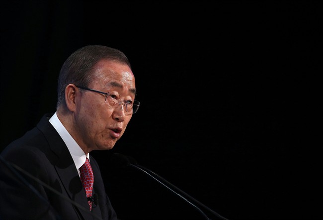 United Nations Secretary General Ban Ki-moon speaks in London, Thursday, Feb. 4, 2016. 