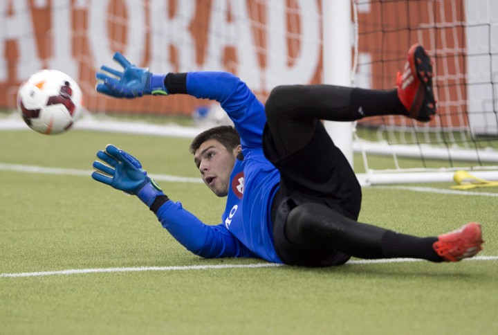 Montreal Impact goaltender Maxime Crepeau works out as the team opens its pre-season training camp at Olympic Stadium Friday, January 23, 2015 in Montreal.