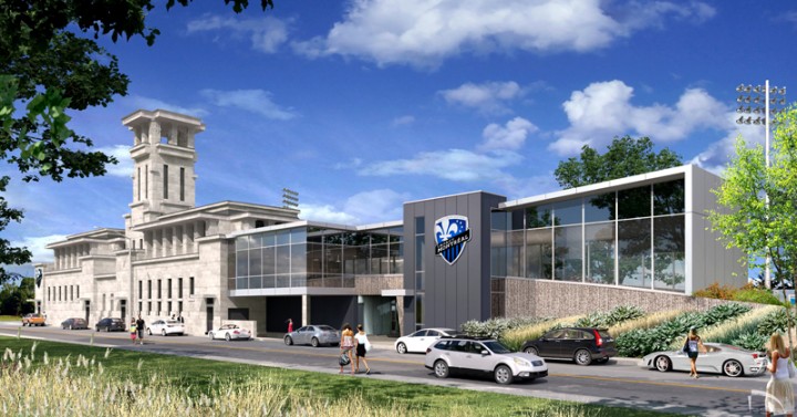An image of the front entrance of the Letourneux firehouse once it becomes a permanent training facility for the Montreal Impact Academy, Thursday, February 25, 2016.