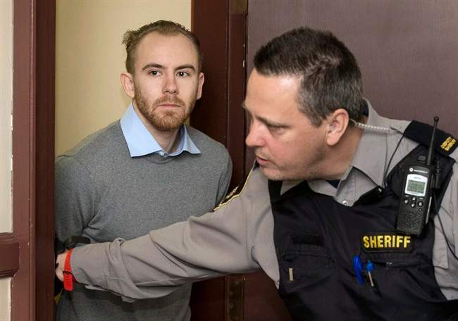 William Sandeson, left, arrives for his preliminary hearing at provincial court in Halifax on Thursday, February 11, 2016. 