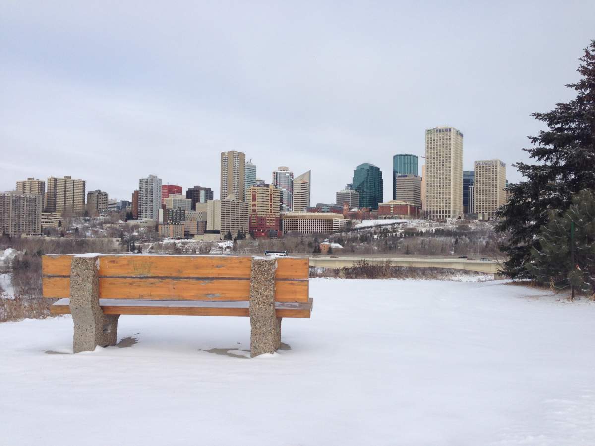 A scenic view of downtown Edmonton, taken from a lookout on the south side of the North Saskatchewan River near Scona Road. February 29, 2016.