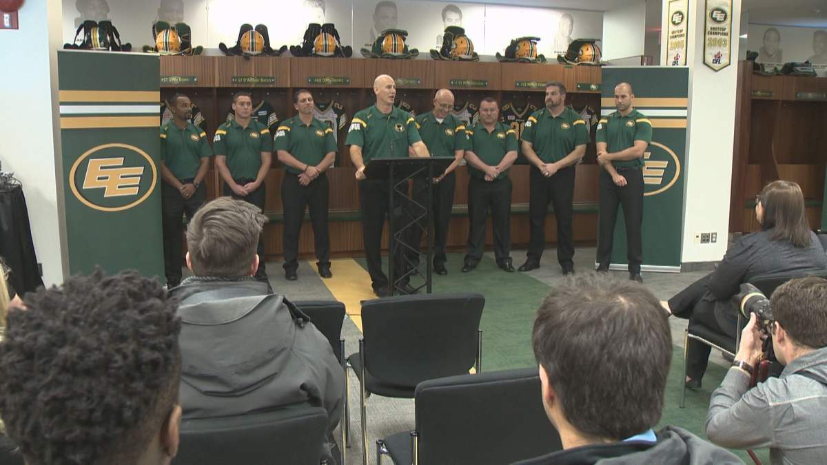 Edmonton Eskimos head coach Jason Maas announces his new coaching staff for the 2016 CFL season, Monday, Feb. 1, 2016. 