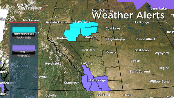 Strong winds and freezing rain prompt weather warnings in Alberta - image