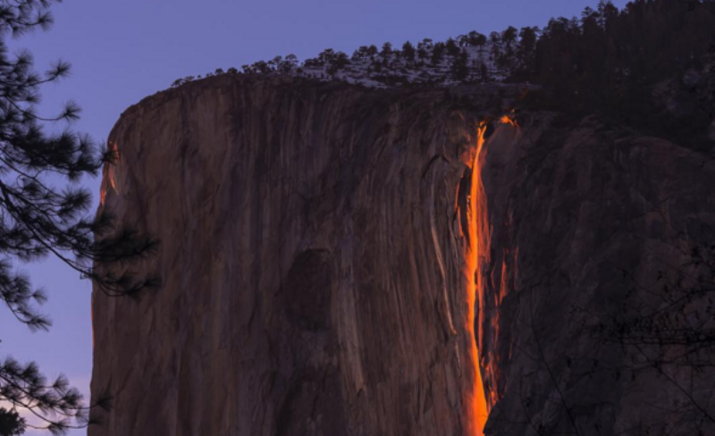 If conditions are right, the Horsetail waterfall in Yosemite National Park looks like it's on fire. 