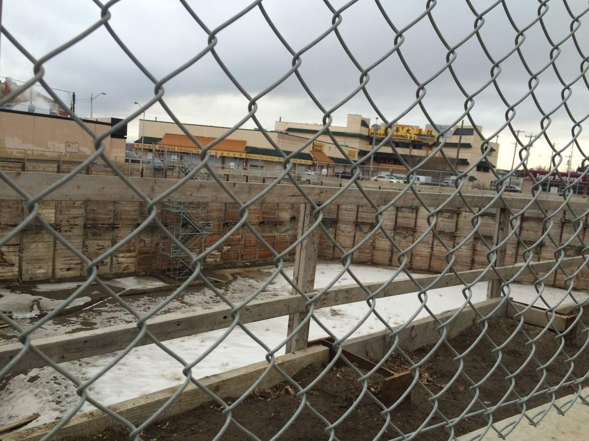 The hole on the Five Corners lot at 95 Street and Jasper Avenue is 36 feet deep.