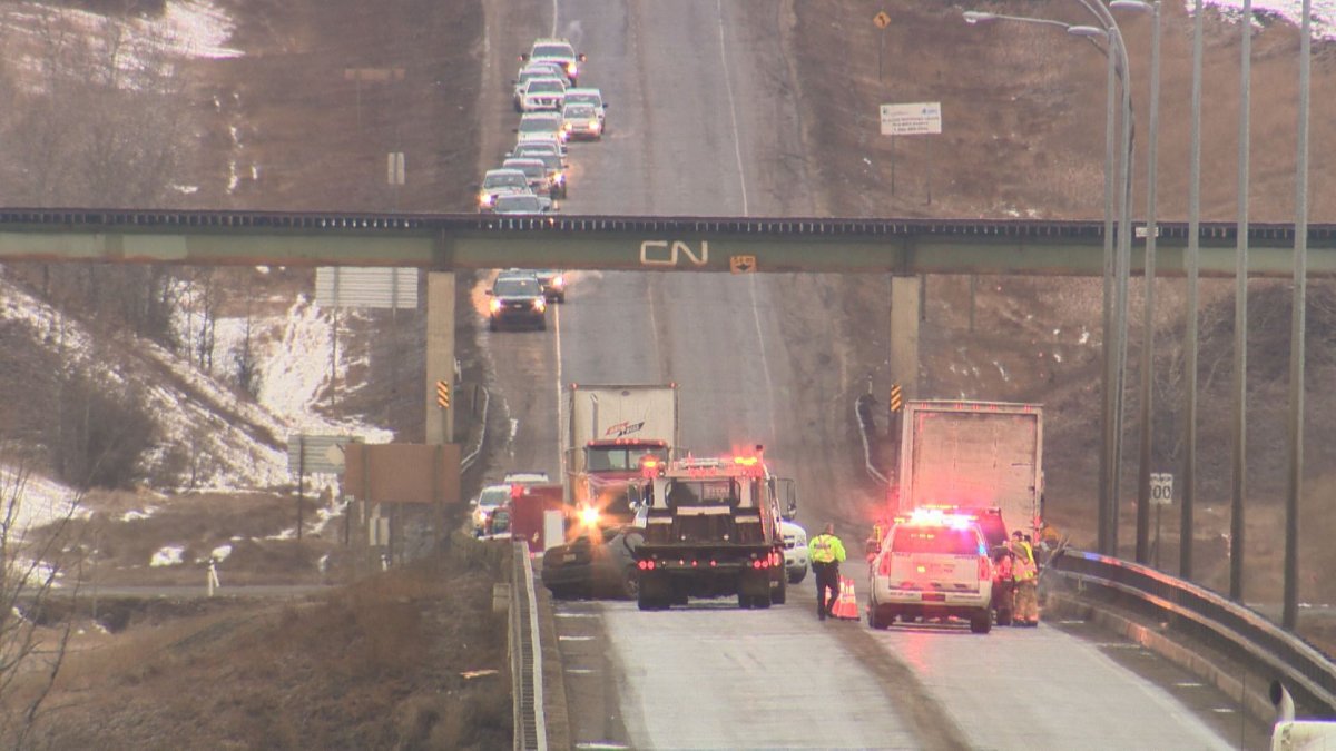 A collision on Highway 15 at the North Saskatchewan River Bridge shut down the busy road on Tuesday morning. February 16, 2016.