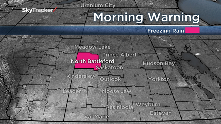 A freezing rain warning is in place for the Battlefords area and travel is not recommended on many highways in the region.