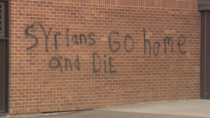 Racist hate graffiti sprayed on a Calgary school. 