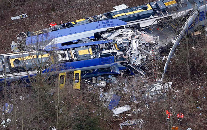 Aerial view of rescue teams at the site where two trains collided head-on near Bad Aibling, Germany on Tuesday, Feb. 9, 2016. 