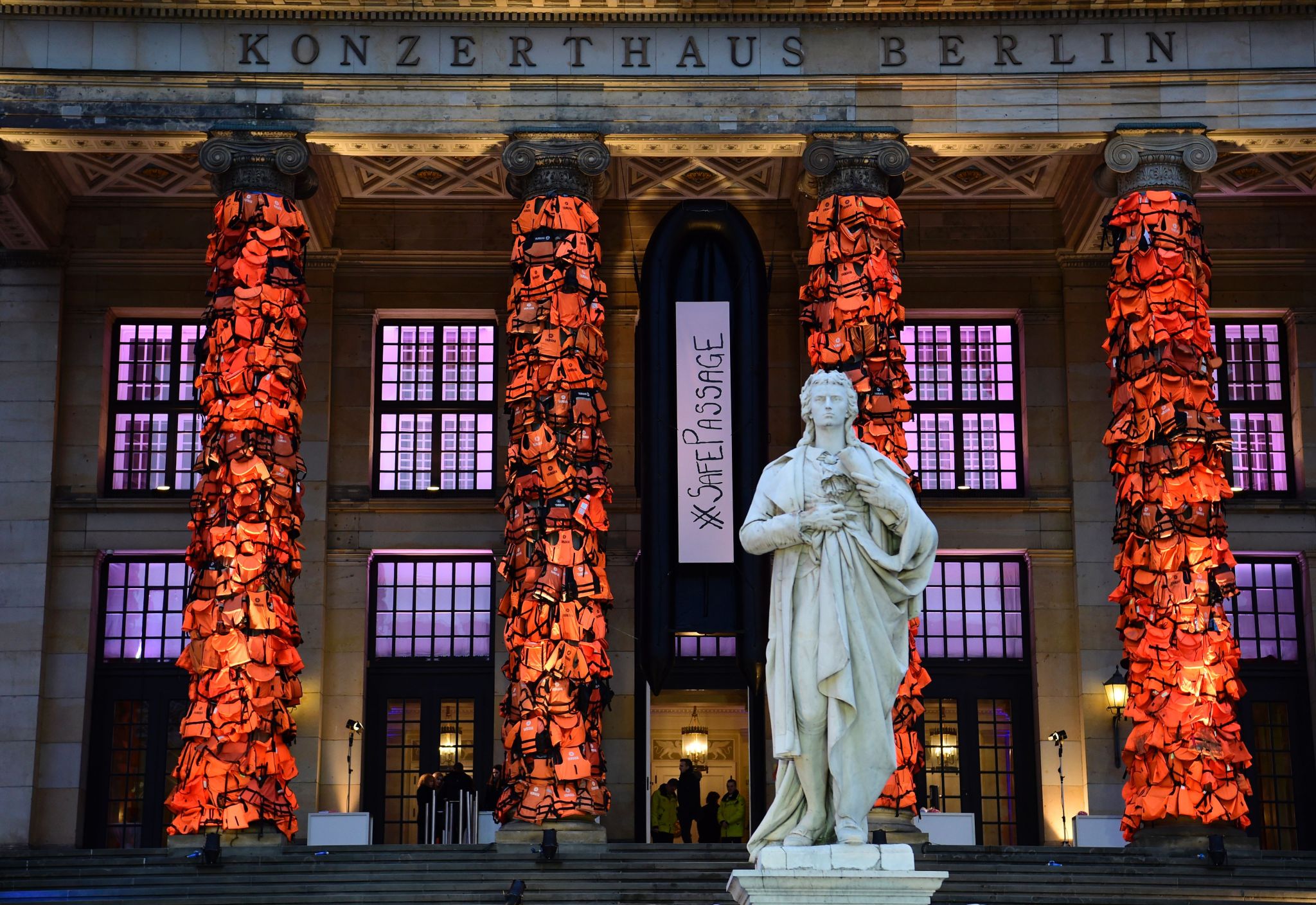 The installation is intended to remind people of the ongoing refugee crisis ahead the Cinema for Peace event at the Konzerthaus in Berlin on February 15, 2016, on the sidelines of the Berlinale Film Festival. / AFP / John MACDOUGALL