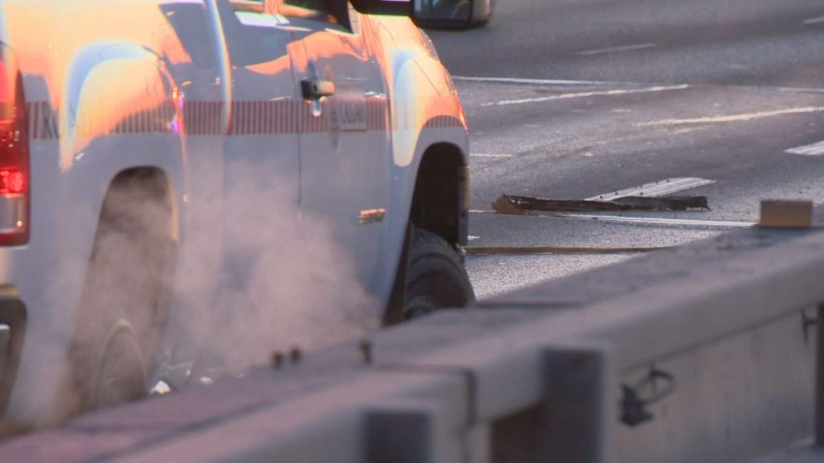 Problems with Calgary’s 11 Street S.E. bridge left debris on the road on Wednesday, Feb. 24, 2016.