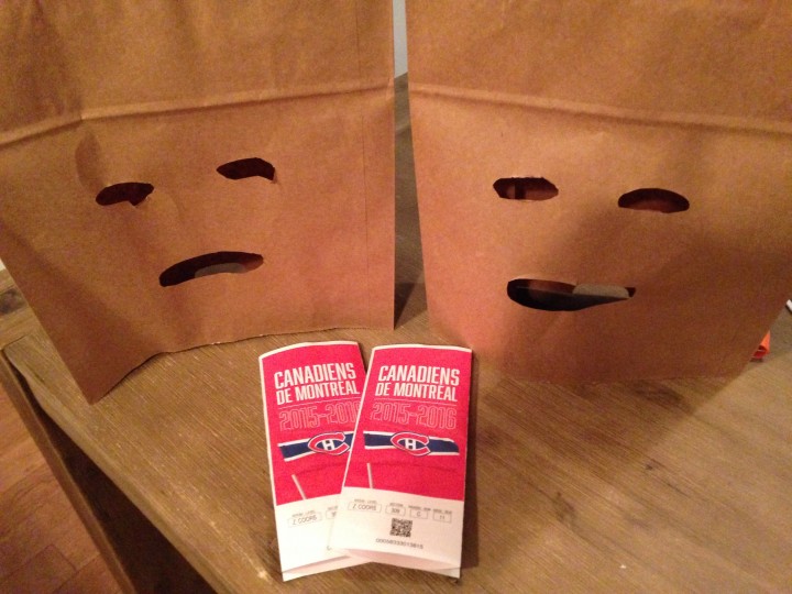 Philippe Meilleur is selling his Habs tickets - along with a couple of paper bags, Friday, February 19, 2016.