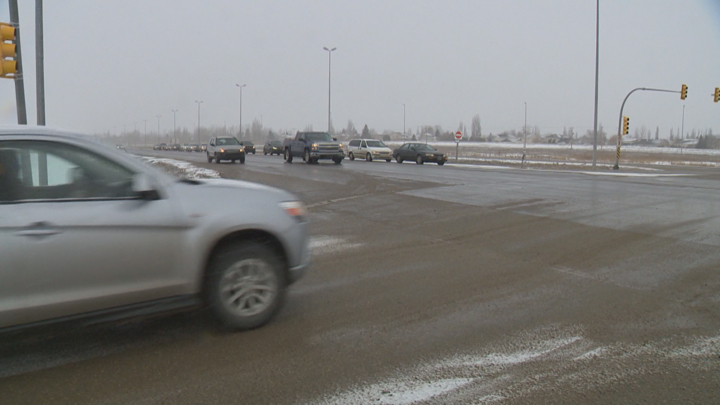 A vehicle enters the intersection at Highway 16 at Boychuck Drive. Administration is seeking approval from city council for two new interchanges in Saskatoon.