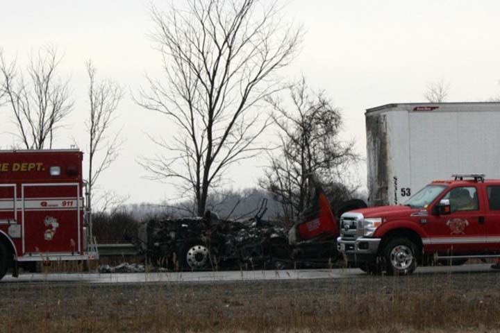 Aftermath of the fatal transport truck fire on Hwy. 402 in Plympton-Wyoming, Ont.