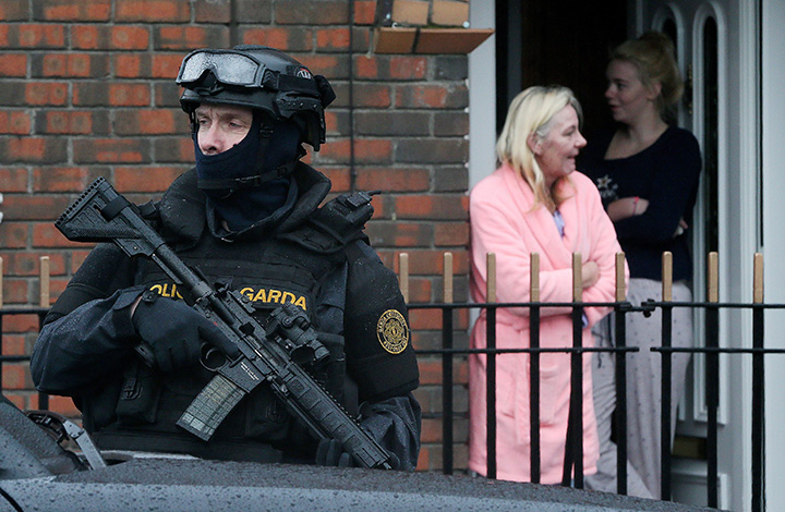 Armed Gardai from the force's Emergency Response Unit on patrol, as gang violence has resulted in two murders in four days, in Dublin, Ireland Feb. 9, 2016.