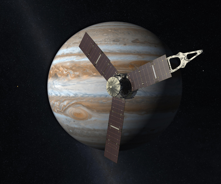 An artist’s rendition of Juno approaching Jupiter