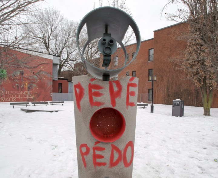 A monument in Claude Jutra park has been vandalized, Tuesday, February 23, 2016 in Montreal. Allegations that the famed Quebec film director was a pedophile has resulted in the renaming of public places and awards named in his honour after his death.