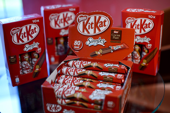 KitKat chocolate products are displayed at the headquarters of the world's biggest food company, Nestle, on October 17, 2013 in Vevey. 